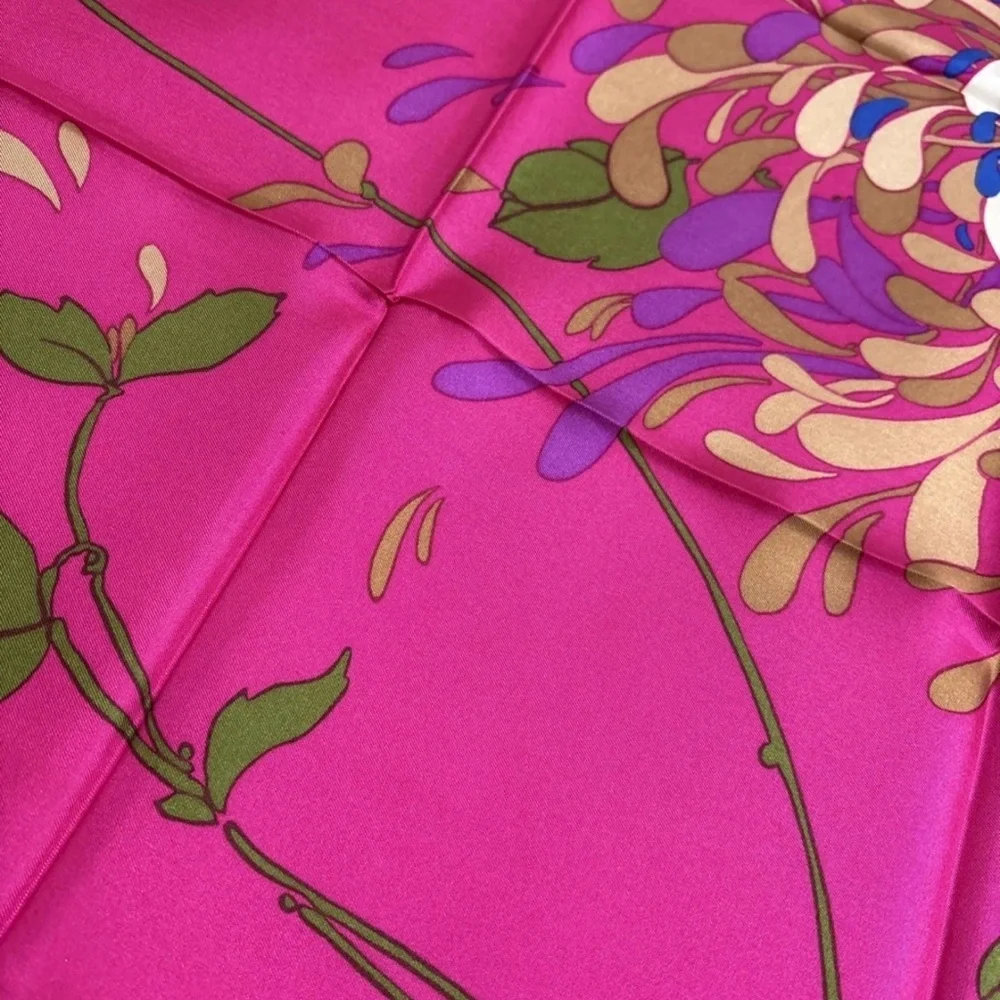 Christian Dior Silk Scarf 30in Fuchsia Pink Floral Botanical Leaves Design